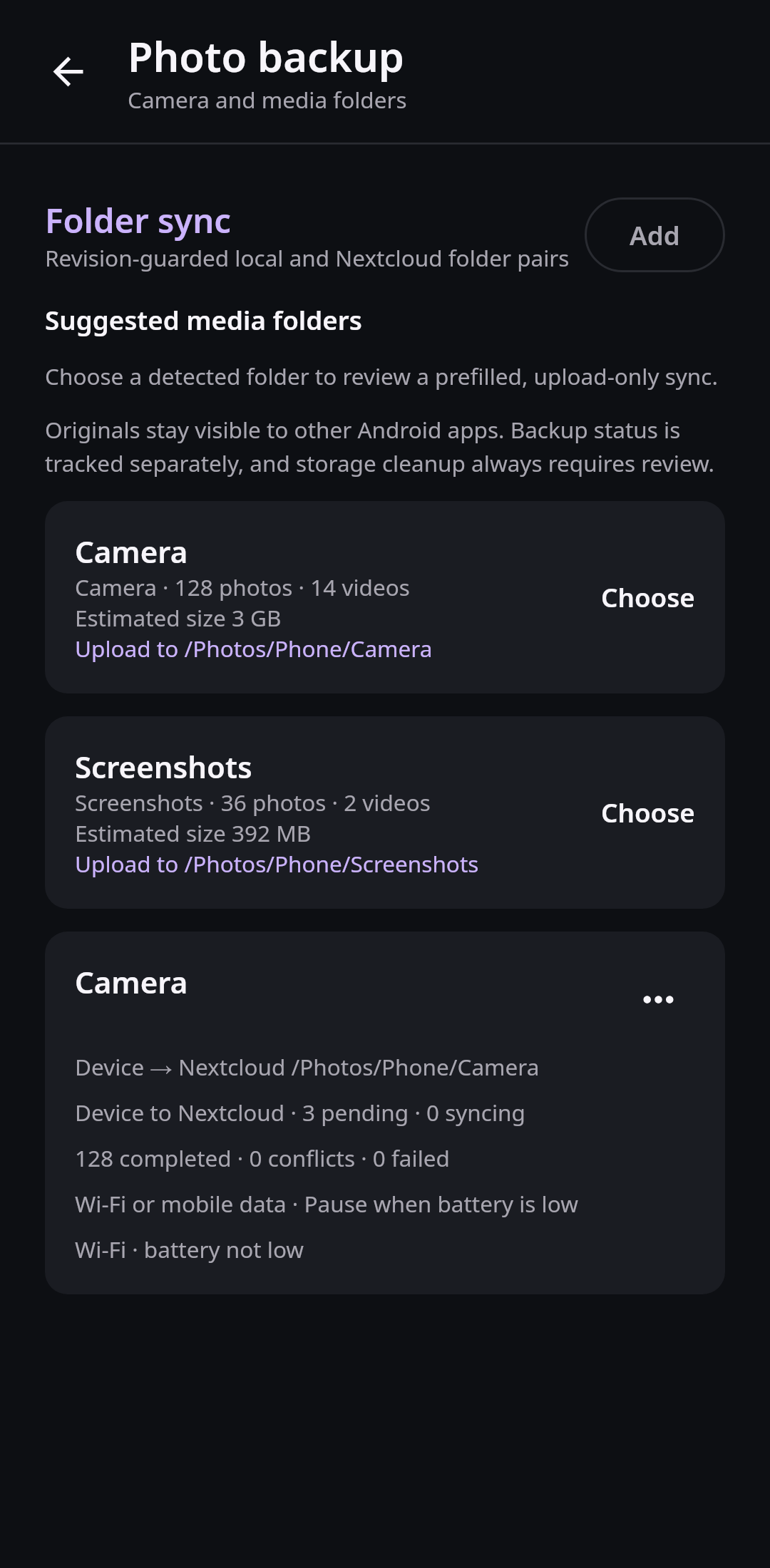 Nextcloud Native media backup view with Camera and Screenshots suggestions and active transfer counts